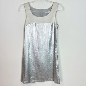 CHAIKEN SILVER SEQUIN SATIN SLEEVELESS SHIFT PARTY COCKTAIL DRESS WOMENS SZ 0